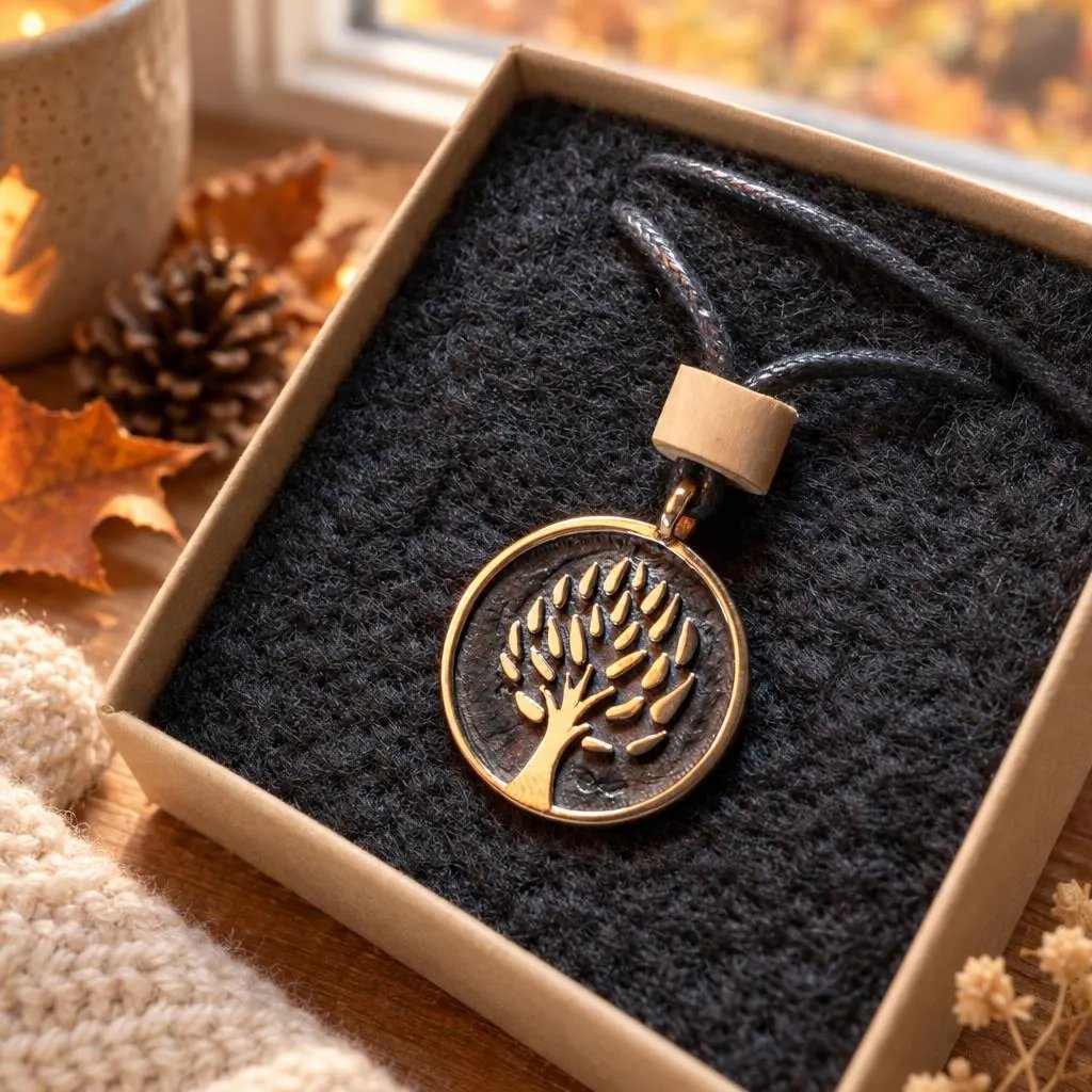 Planet Tree Anhänger aus Bronze mit Naturband
