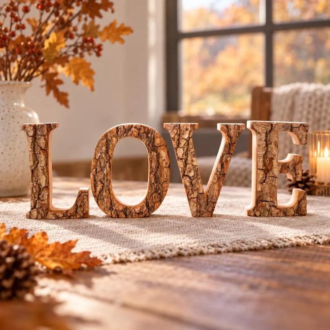 LOVE aus Holz mit Baumrinde