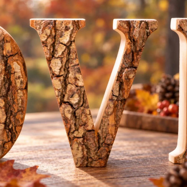 LOVE aus Holz mit Baumrinde
