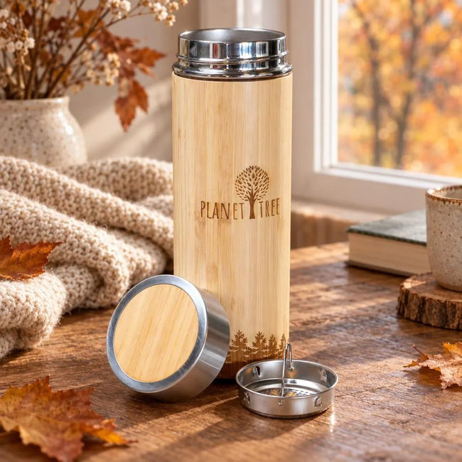 Edelstahl Thermoskanne mit Holz