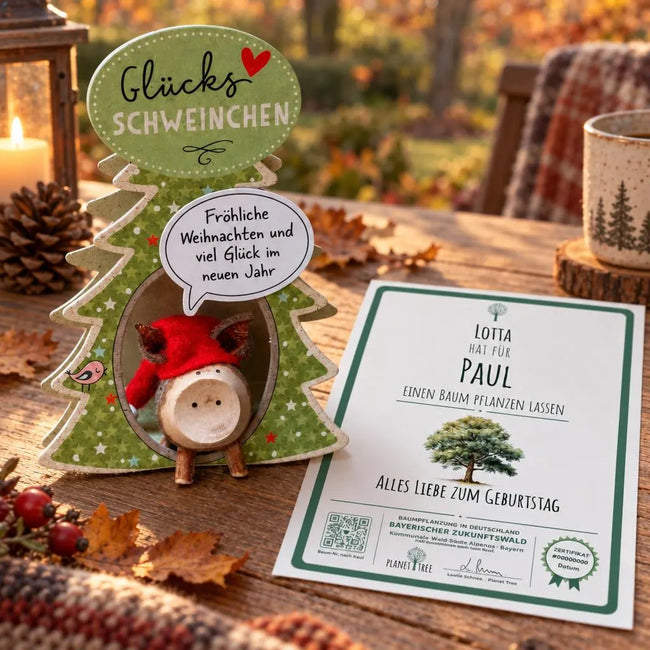 Glücksschweinchen "Frohe Weihnachten" – Geschenkansicht mit aktuellem Baumzertifikat; Beispielgestaltung