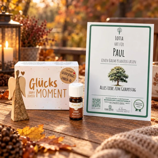 Duftset Glücksengel mit Zirben-Öl – Geschenkansicht mit aktuellem Baumzertifikat; Beispielgestaltung