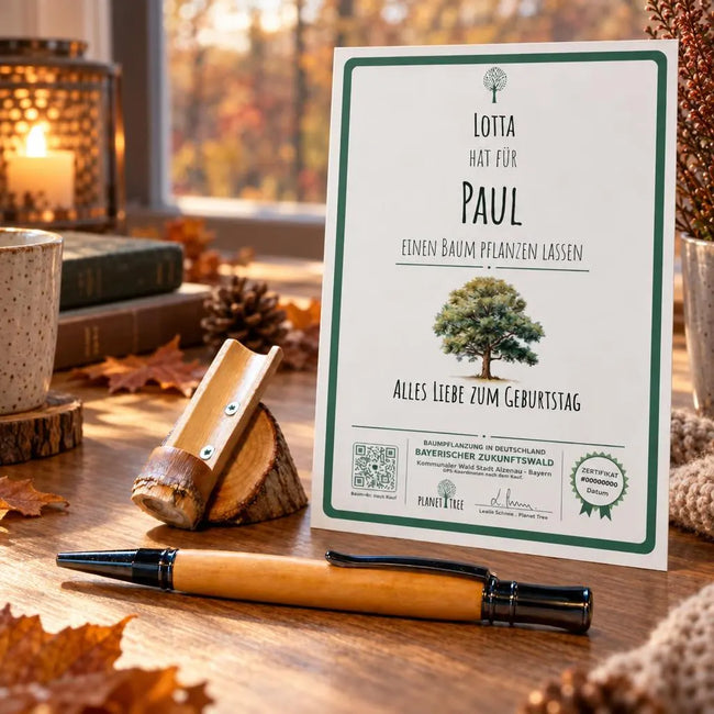 Kugelschreiber mit Olivenholz - handgefertigt – Geschenkansicht mit aktuellem Baumzertifikat; Beispielgestaltung