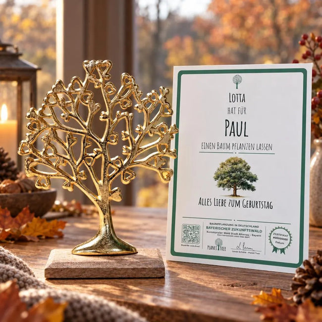 Goldener Lebensbaum mit Herzen – Geschenkansicht mit aktuellem Baumzertifikat; Beispielgestaltung