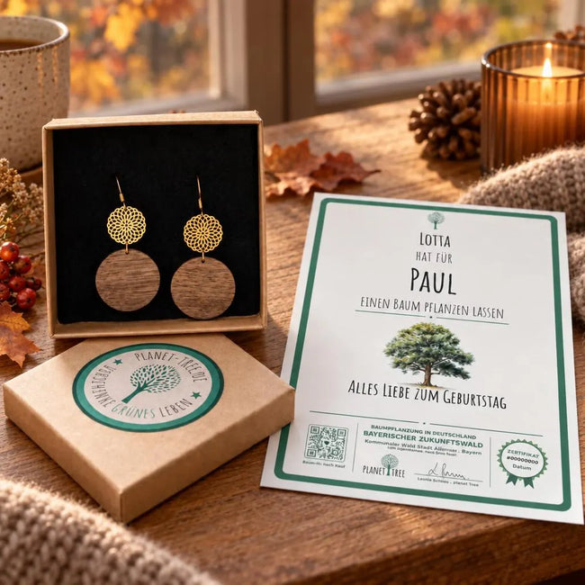 Ohrringe aus Nussholz – Geschenkansicht mit aktuellem Baumzertifikat; Beispielgestaltung