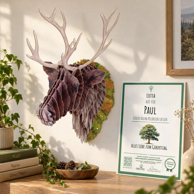 3D Tierkopf Rentier – Geschenkansicht mit aktuellem Baumzertifikat; Beispielgestaltung