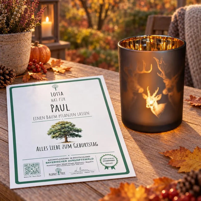 Windlicht mit Hirschmotiv – Geschenkansicht mit aktuellem Baumzertifikat; Beispielgestaltung