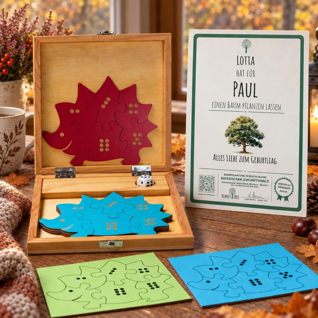 Igel-Würfelspiel und Puzzle – Geschenkansicht mit aktuellem Baumzertifikat; Beispielgestaltung
