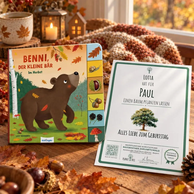 Benni, der kleine Bär: Im Herbst | Pappebuch mit Griff-Register – Geschenkansicht mit aktuellem Baumzertifikat; Beispielgestaltung