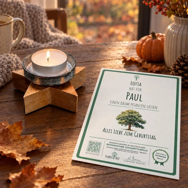 Teelichthalter Stern aus Holz – Geschenkansicht mit aktuellem Baumzertifikat; Beispielgestaltung