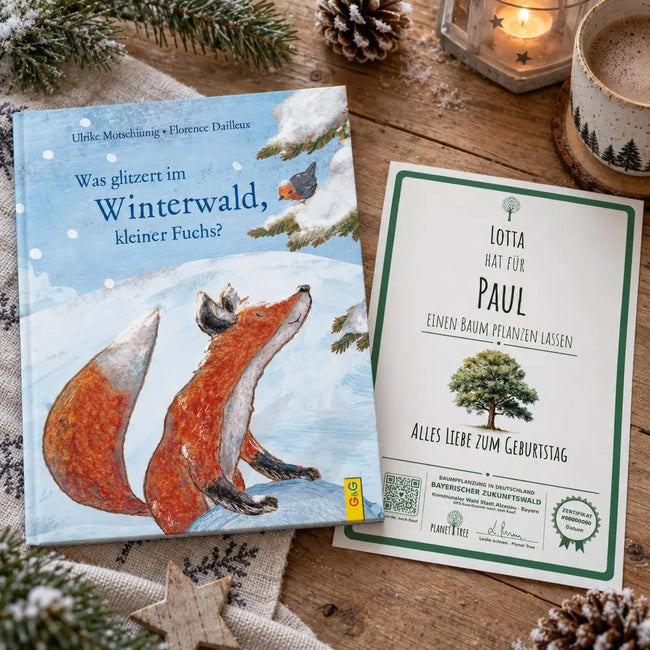 Was glitzert im Winterwald, kleiner Fuchs? – Geschenkansicht mit aktuellem Baumzertifikat; Beispielgestaltung
