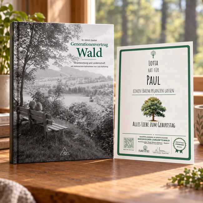 Generationenvertrag Wald: Verantwortung und Leidenschaft – Geschenkansicht mit aktuellem Baumzertifikat; Beispielgestaltung