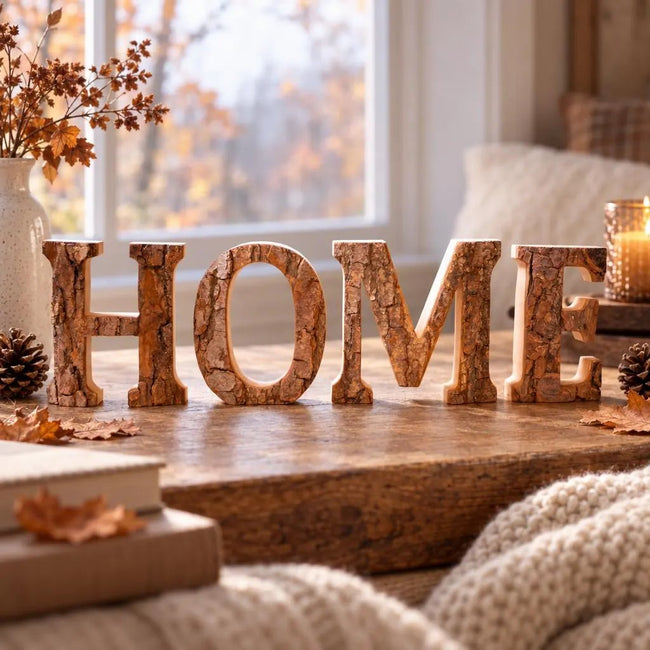 HOME aus Holz mit Baumrinde