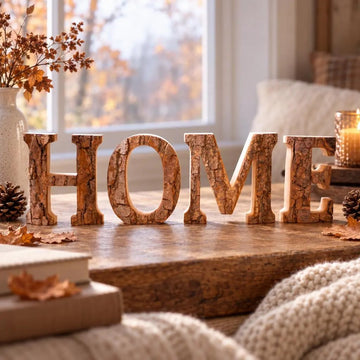 HOME aus Holz mit Baumrinde