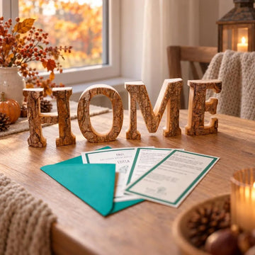 HOME aus Holz mit Baumrinde
