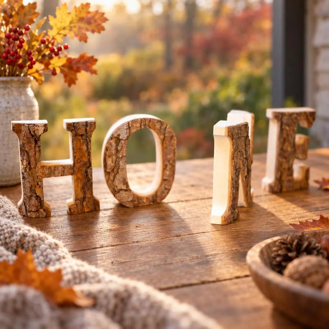 HOME aus Holz mit Baumrinde