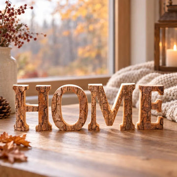 HOME aus Holz mit Baumrinde