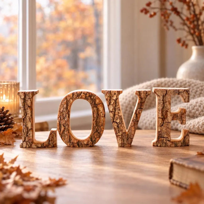 LOVE aus Holz mit Baumrinde
