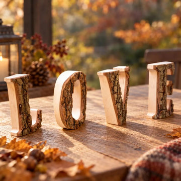 LOVE aus Holz mit Baumrinde