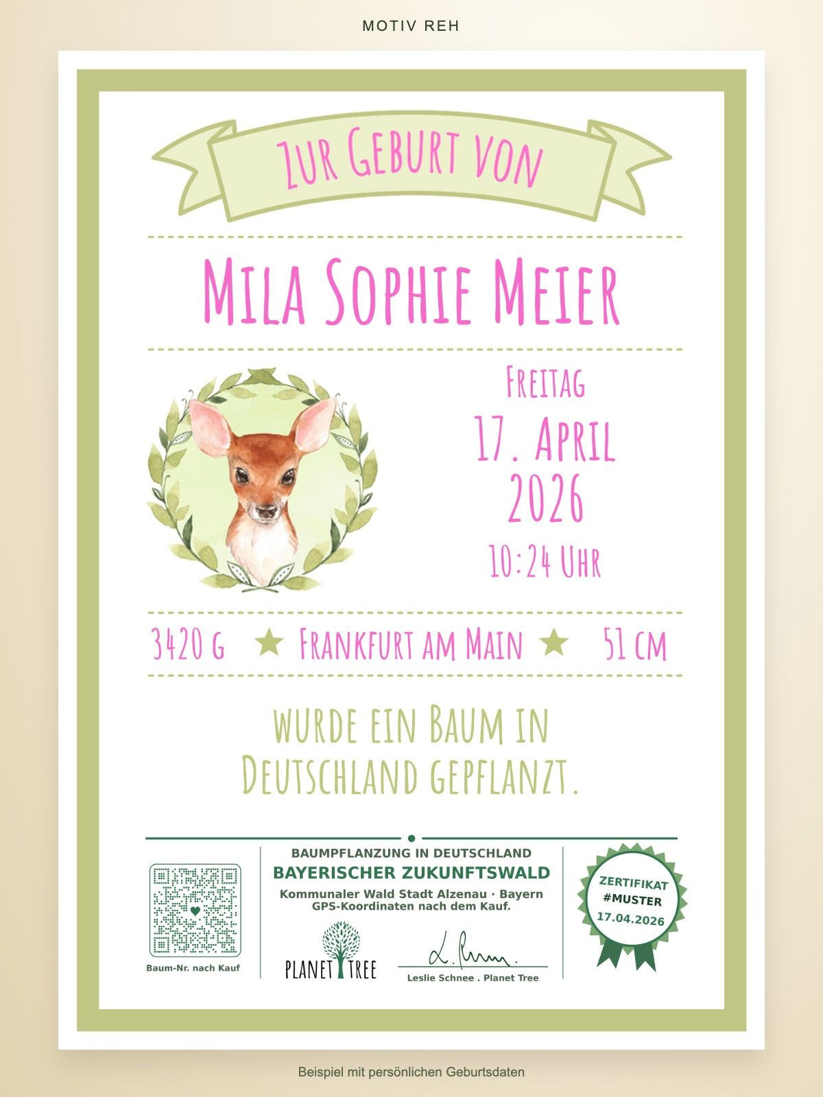 Geburtsurkunde Reh – Mila Sophie Meier – aktueller Stempel und QR-Code