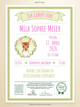Geburtsurkunde Reh – Mila Sophie Meier – aktueller Stempel und QR-Code