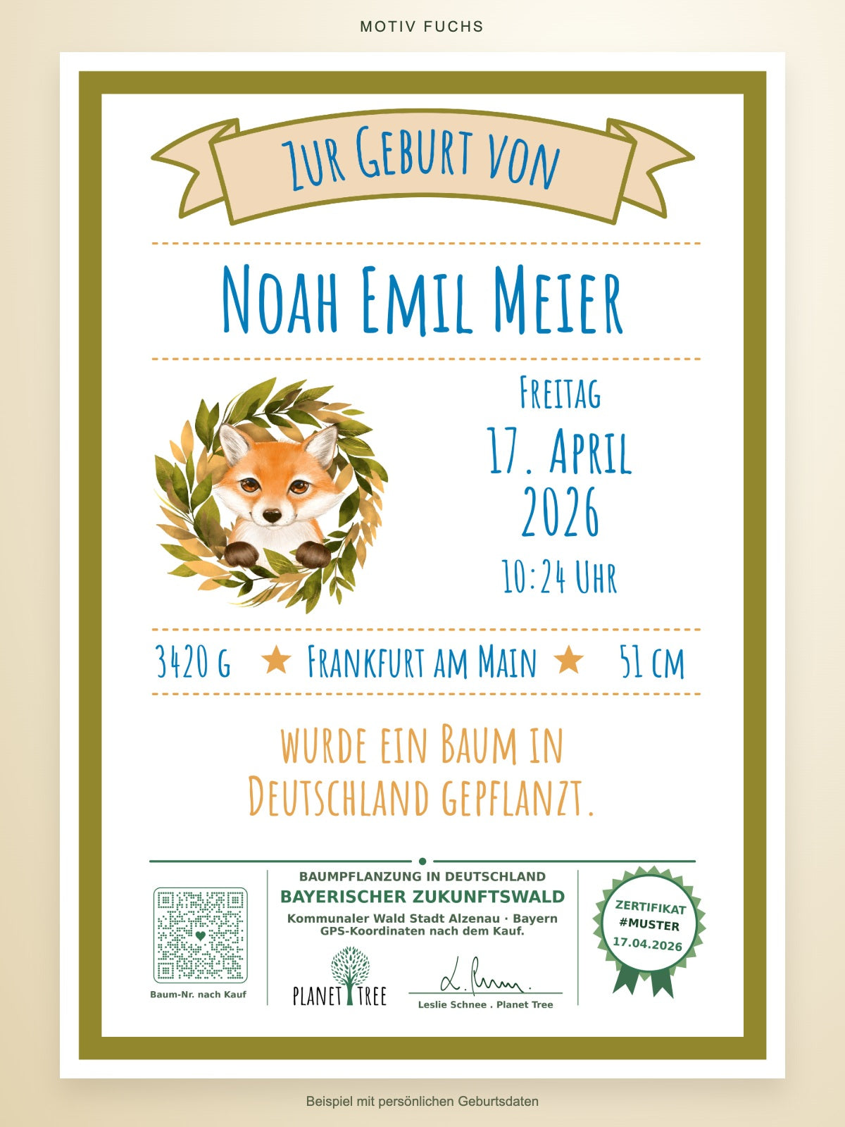 Geburtsurkunde Fuchs – Noah Emil Meier – aktueller Stempel und QR-Code
