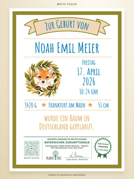 Geburtsurkunde Fuchs – Noah Emil Meier – aktueller Stempel und QR-Code