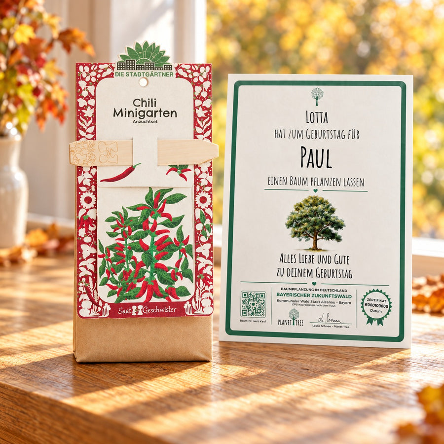 BIO-Chili Minigarten mit persönlichem Planet-Tree-Baumzertifikat – Gestaltungsbeispiel; Zertifikat bei gewählter Baumpflanzung