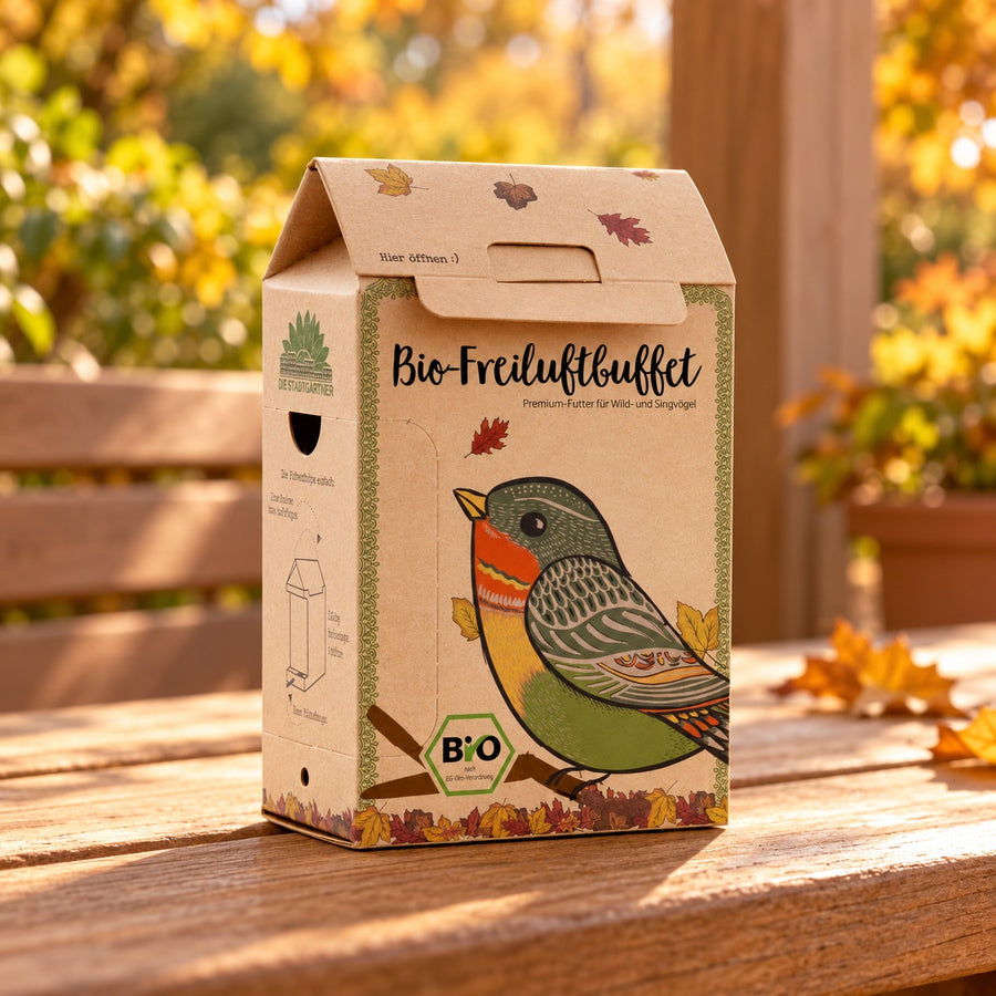 BIO-Freiluftbuffet für Vögel im herbstlichen Setting – Produkt ohne Baumpflanzung