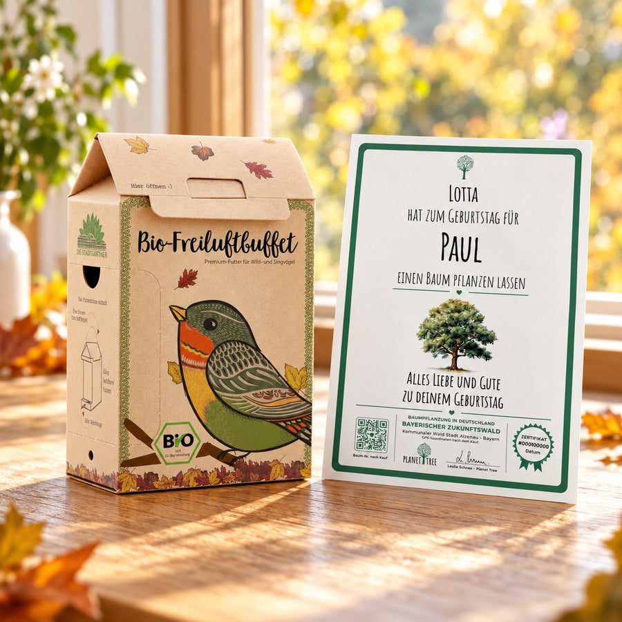 BIO-Freiluftbuffet für Vögel mit persönlichem Planet-Tree-Baumzertifikat – Gestaltungsbeispiel; Zertifikat bei gewählter Baumpflanzung