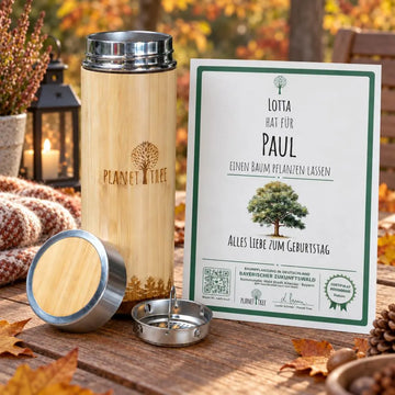 Edelstahl Thermoskanne mit Holz mit optionalem personalisiertem Baumzertifikat