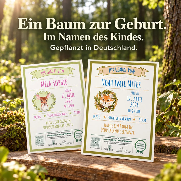 Geburtsurkunde mit Baumpflanzung – Geschenkansicht mit persönlichem Baumzertifikat