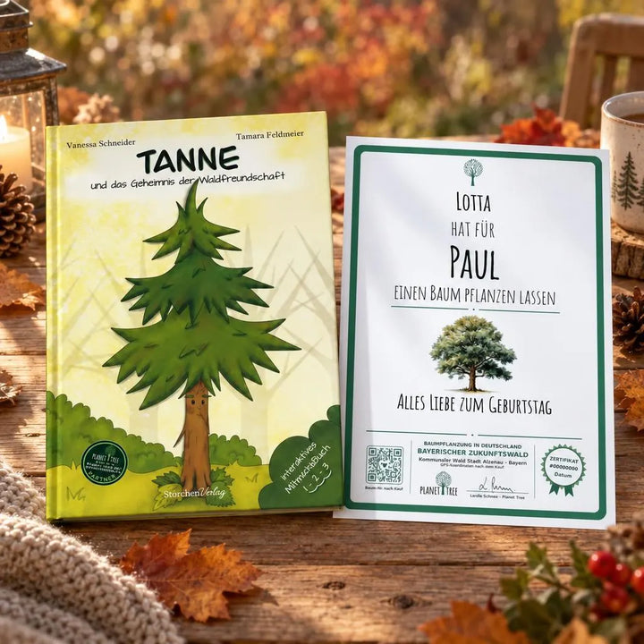 Tanne und das Geheimnis der Waldfreundschaft – Geschenkansicht mit aktuellem Baumzertifikat; Beispielgestaltung