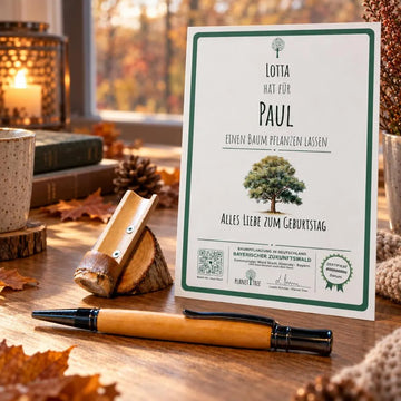 Kugelschreiber mit Olivenholz - handgefertigt – Geschenkansicht mit aktuellem Baumzertifikat; Beispielgestaltung