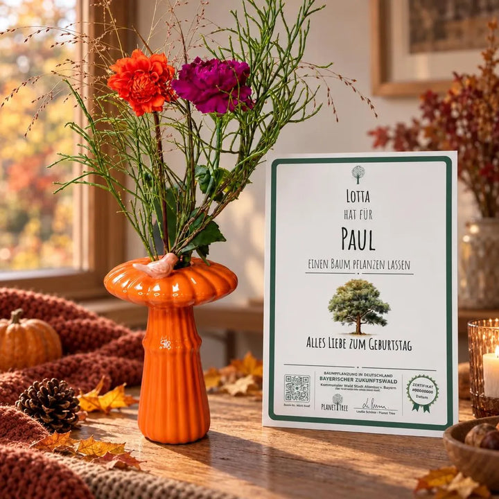 Dekorative Vase mit Vögelchen – Geschenkansicht mit aktuellem Baumzertifikat; Beispielgestaltung