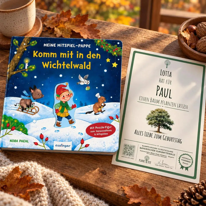 Komm mit in den Wichtelwald – Geschenkansicht mit aktuellem Baumzertifikat; Beispielgestaltung