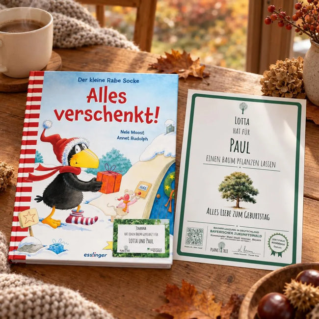 Alles Verschenkt! - Der kleine Rabe Socke – Geschenkansicht mit aktuellem Baumzertifikat; Beispielgestaltung
