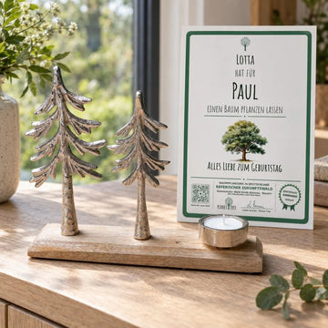 Silberne Tannenbäume mit Teelichthalter – Geschenkansicht mit aktuellem Baumzertifikat; Beispielgestaltung