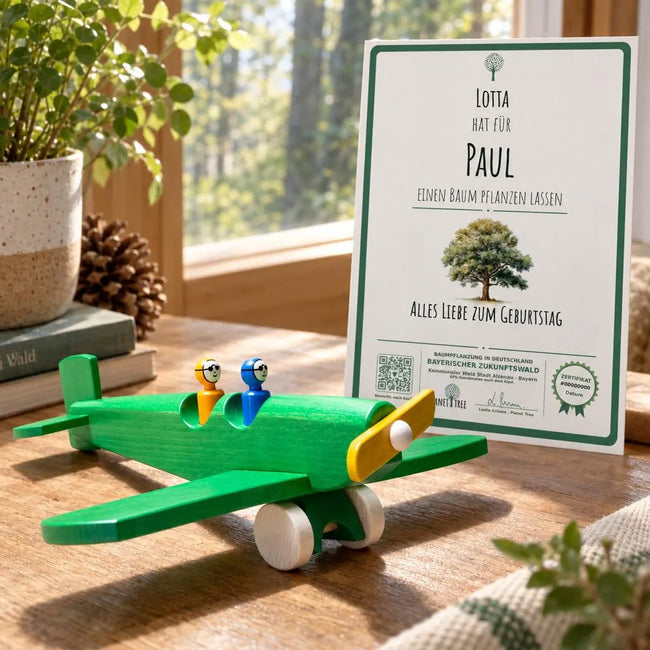 Flugzeug aus Holz – Geschenkansicht mit aktuellem Baumzertifikat; Beispielgestaltung