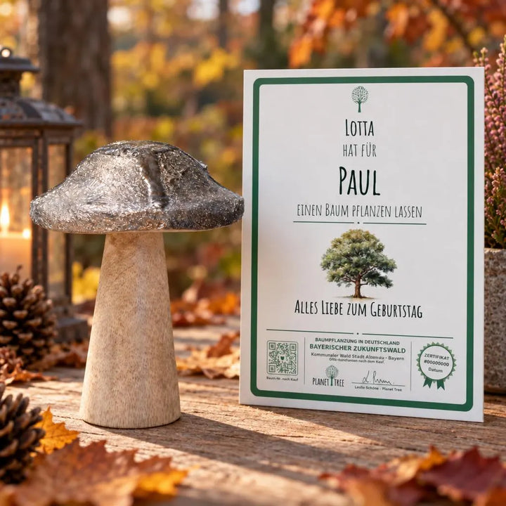 Pilz aus Holz – Geschenkansicht mit aktuellem Baumzertifikat; Beispielgestaltung