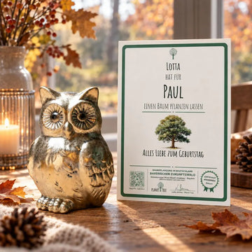 Goldene Eule – Geschenkansicht mit aktuellem Baumzertifikat; Beispielgestaltung