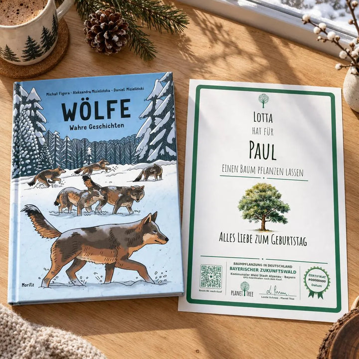 Wölfe - Wahre Geschichten – Geschenkansicht mit aktuellem Baumzertifikat; Beispielgestaltung