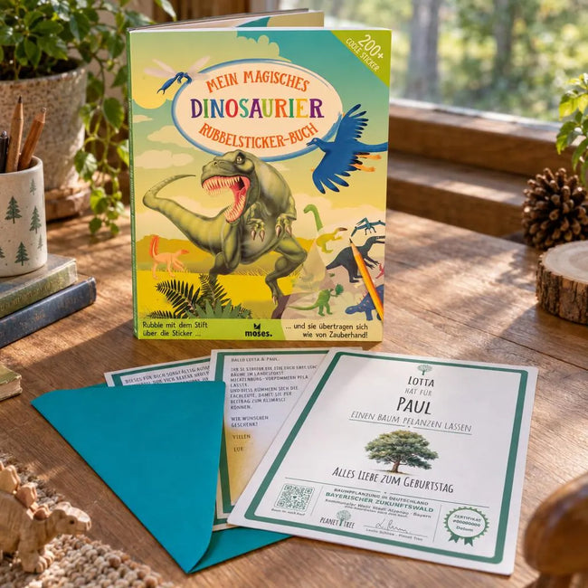 Mein magisches Dinosaurier Rubbelsticker-Buch – Geschenkansicht mit aktuellem Baumzertifikat; Beispielgestaltung