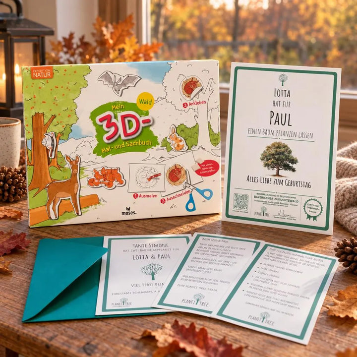 Mein 3D Mal- und Sachbuch – Geschenkansicht mit aktuellem Baumzertifikat; Beispielgestaltung
