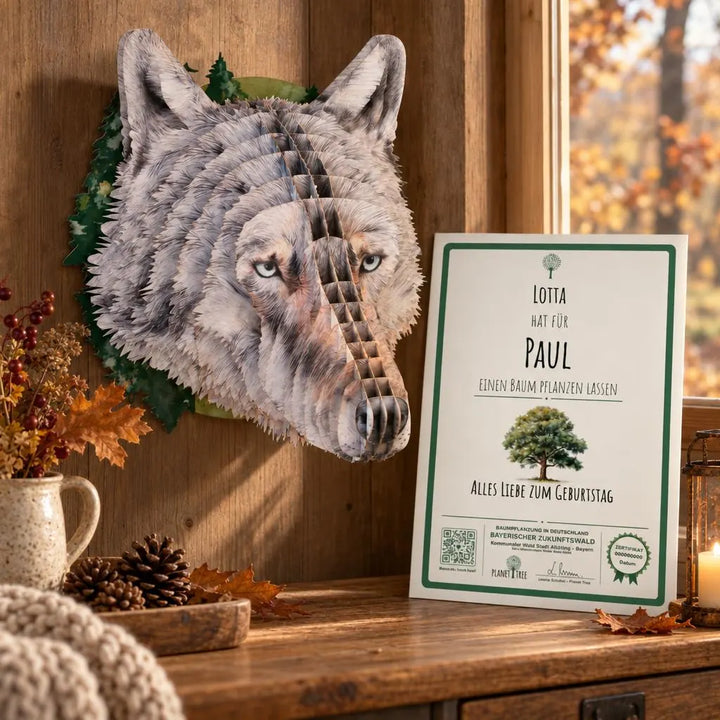 3D Tierkopf Wolf – Geschenkansicht mit aktuellem Baumzertifikat; Beispielgestaltung