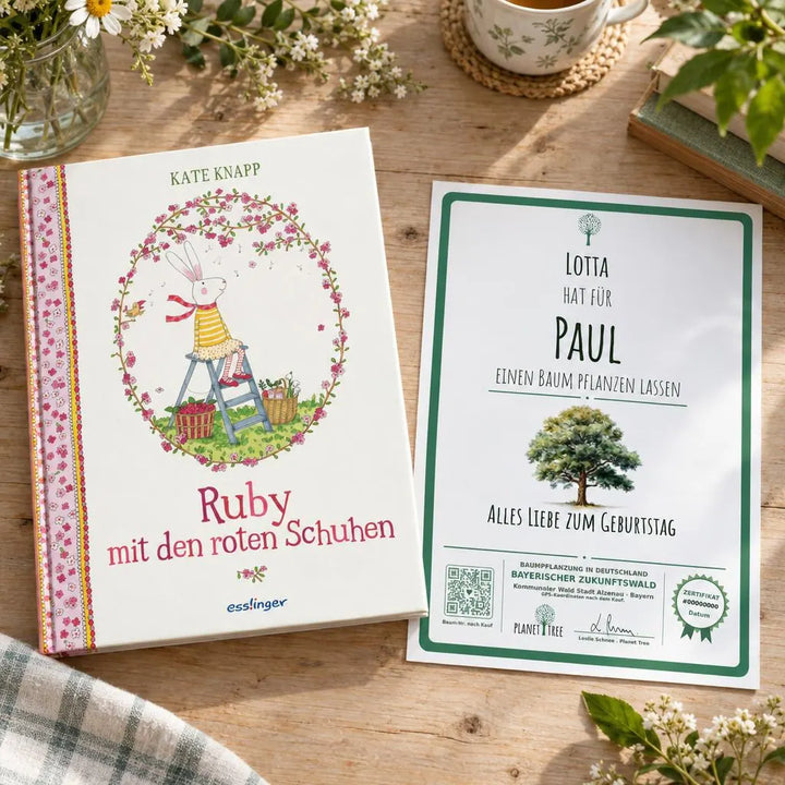 Ruby mit den roten Schuhen – Geschenkansicht mit aktuellem Baumzertifikat; Beispielgestaltung