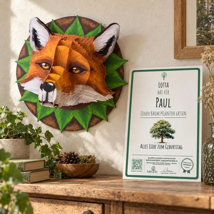 3D Tierkopf Fuchs – Geschenkansicht mit aktuellem Baumzertifikat; Beispielgestaltung