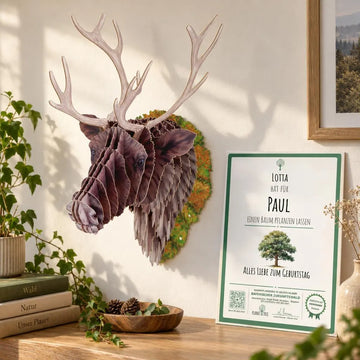 3D Tierkopf Rentier – Geschenkansicht mit aktuellem Baumzertifikat; Beispielgestaltung
