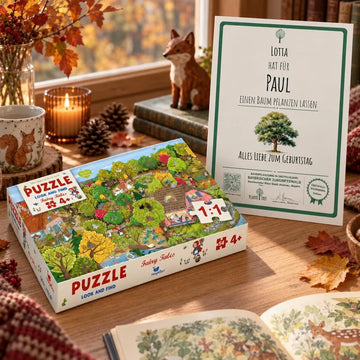 Rotkäppchen Wimmel Puzzle – Geschenkansicht mit aktuellem Baumzertifikat; Beispielgestaltung