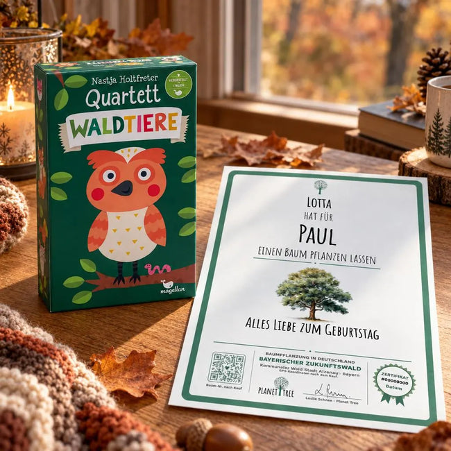Quartett - Waldtiere – Geschenkansicht mit aktuellem Baumzertifikat; Beispielgestaltung